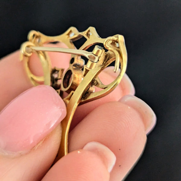 Art Nouveau Diamonds Pearl Yellow Gold Brooch FOB Pendant Antique 1890s Rose Cut