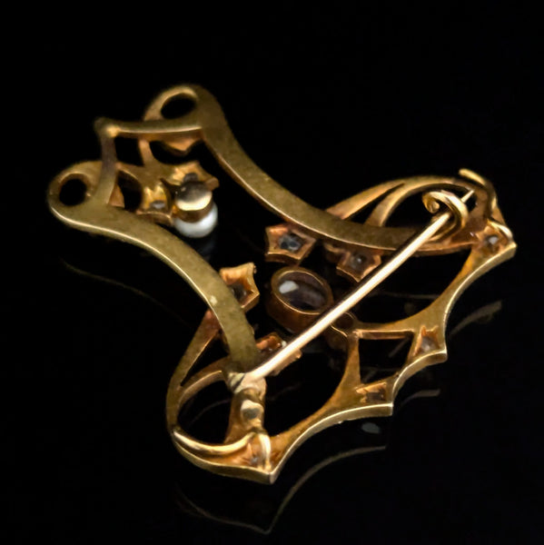 Art Nouveau Diamonds Pearl Yellow Gold Brooch FOB Pendant Antique 1890s Rose Cut