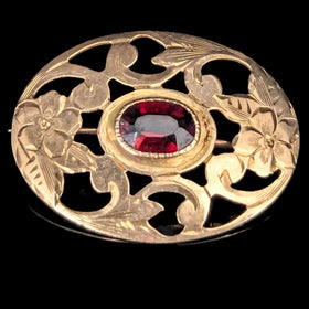 Art Nouveau Garnet 10k Yellow Gold Floral Brooch Pin Antique Estate Jewelry 1900