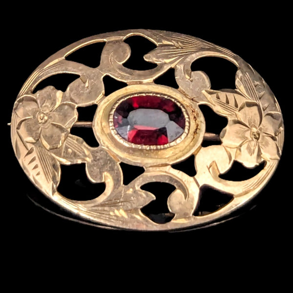 Art Nouveau Garnet 10k Yellow Gold Floral Brooch Pin Antique Estate Jewelry 1900