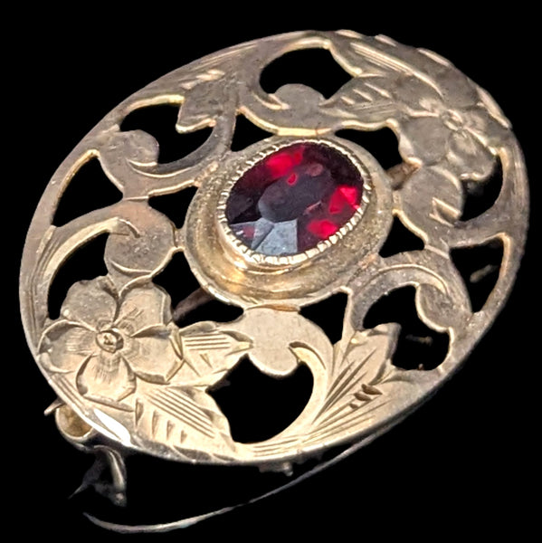 Art Nouveau Garnet 10k Yellow Gold Floral Brooch Pin Antique Estate Jewelry 1900