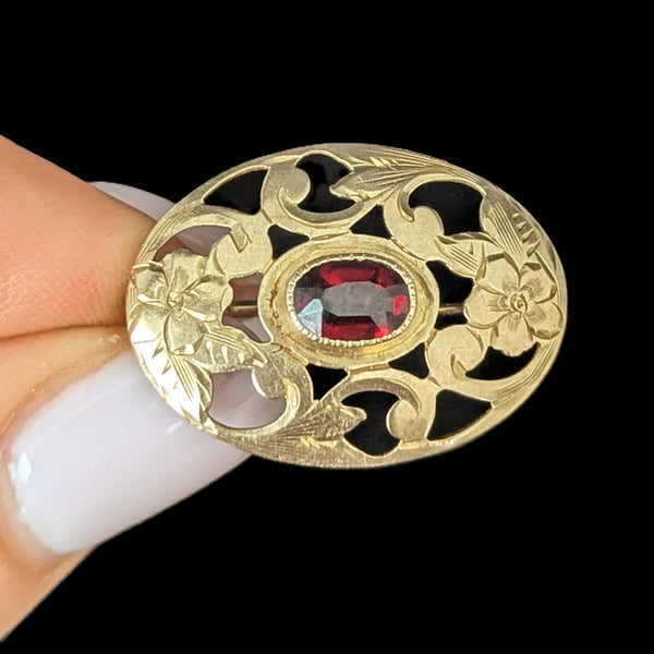 Art Nouveau Garnet 10k Yellow Gold Floral Brooch Pin Antique Estate Jewelry 1900