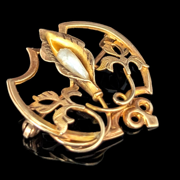 Art Nouveau Pearl 10k Yellow Gold Calla Lily Brooch Pin Antique Estate 1900s