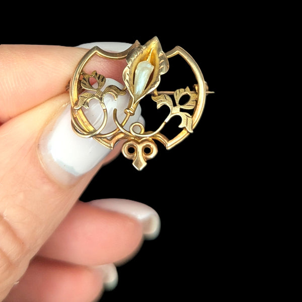 Art Nouveau Pearl 10k Yellow Gold Calla Lily Brooch Pin Antique Estate 1900s
