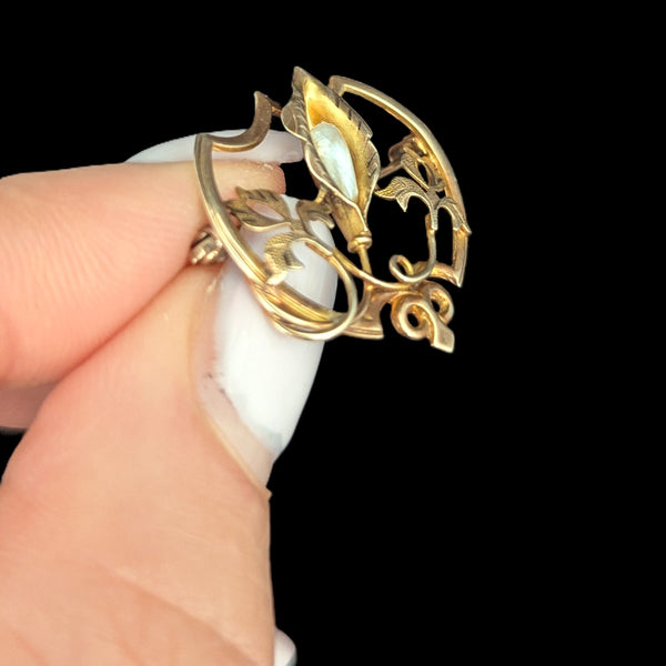 Art Nouveau Pearl 10k Yellow Gold Calla Lily Brooch Pin Antique Estate 1900s