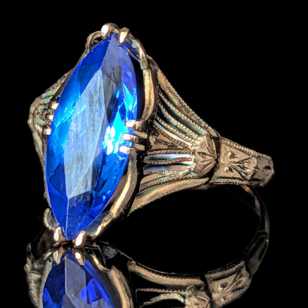 Art deco era Art Deco Era Lab Created Sapphire 10k Yellow Gold Filigree Dinner Ring Gift 
