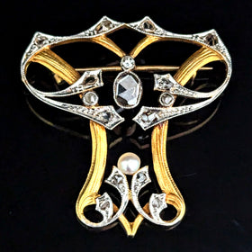 Art Nouveau Diamonds Pearl Yellow Gold Brooch FOB Pendant Antique 1890s Rose Cut