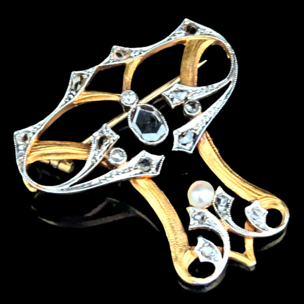 Art Nouveau Diamonds Pearl Yellow Gold Brooch FOB Pendant Antique 1890s Rose Cut
