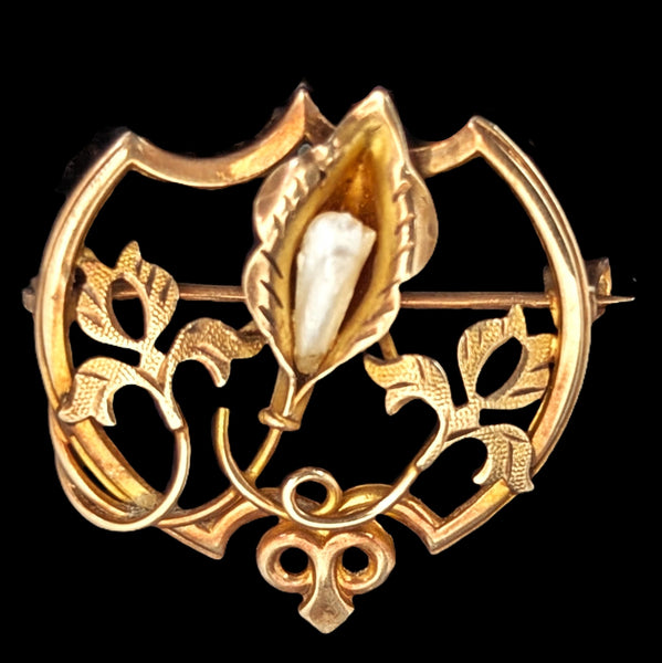 Art Nouveau Pearl 10k Yellow Gold Calla Lily Brooch Pin Antique Estate 1900s