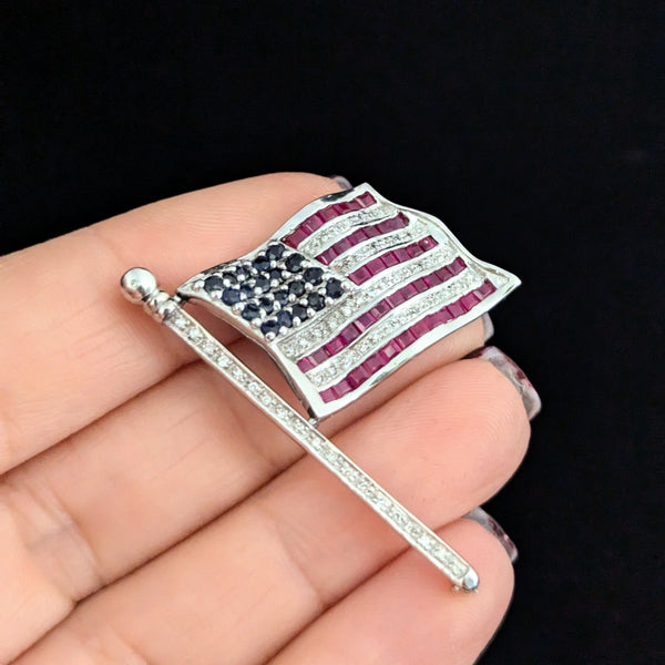 Articulated American Flag Brooch Diamonds Rubies Sapphires 14k White Gold USA