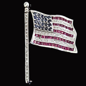 Articulated American Flag Brooch Diamonds Rubies Sapphires 14k White Gold USA BJC