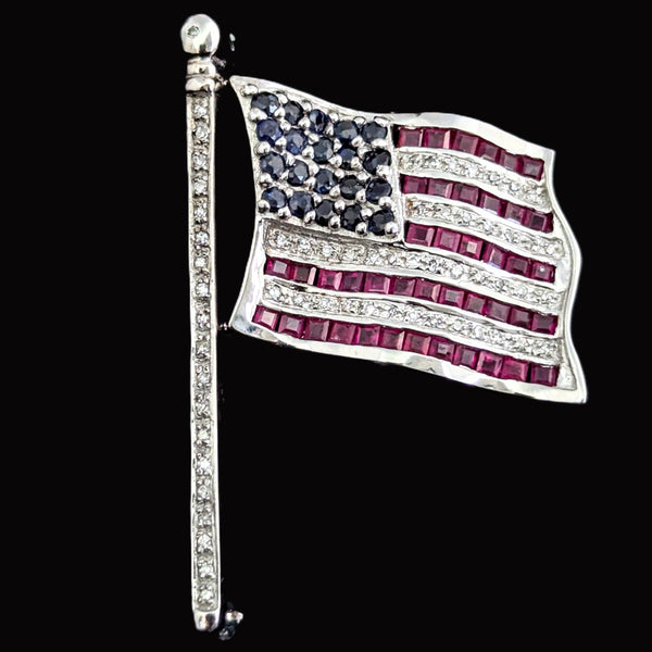 Articulated American Flag Brooch Diamonds Rubies Sapphires 14k White Gold USA BJC