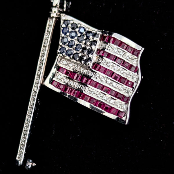 Articulated American Flag Brooch Diamonds Rubies Sapphires 14k White Gold USA BJC