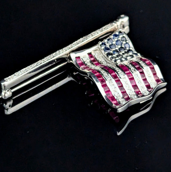 Articulated American Flag Brooch Diamonds Rubies Sapphires 14k White Gold USA bjc