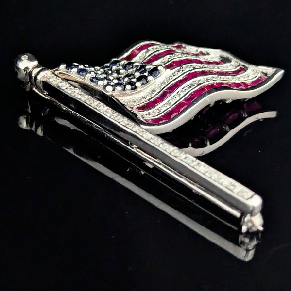 Articulated American Flag Brooch Diamonds Rubies Sapphires 14k White Gold USA BJC