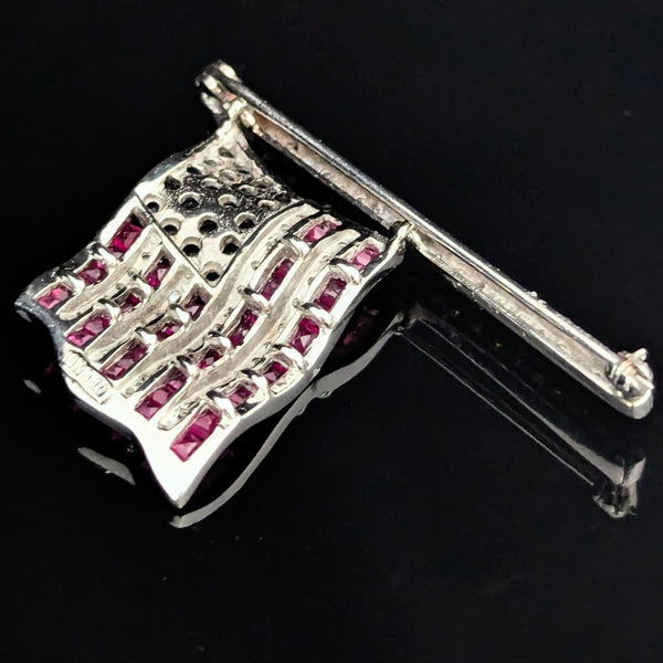 Articulated American Flag Brooch Diamonds Rubies Sapphires 14k White Gold USA BJC