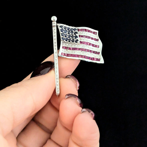 Articulated American Flag Brooch Diamonds Rubies Sapphires 14k White Gold USA