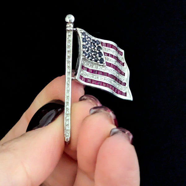 Articulated American Flag Brooch Diamonds Rubies Sapphires 14k White Gold USA