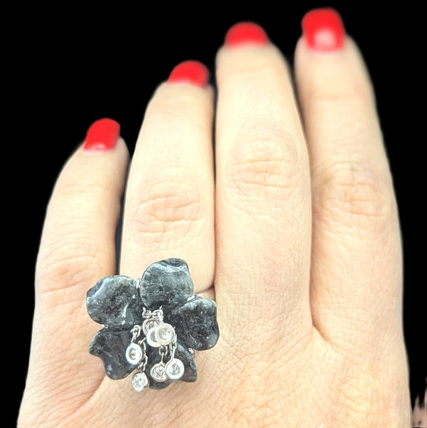 Articulated Diamond Dangle Drops Hardstone 14k White Gold Cocktail Flower Ring on hand