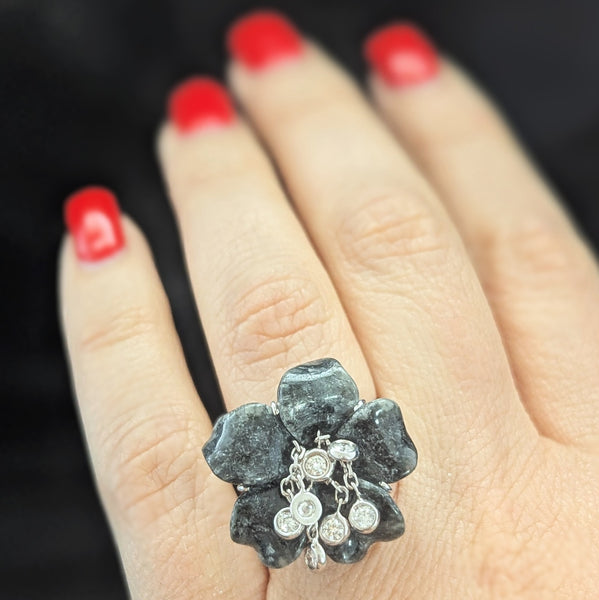 Articulated Diamond Dangle Drops Hardstone 14k White Gold Cocktail Flower Ring on hand