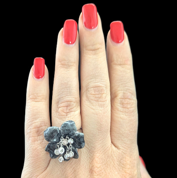Articulated Diamond Dangle Drops Hardstone 14k White Gold Cocktail Flower Ring on hand