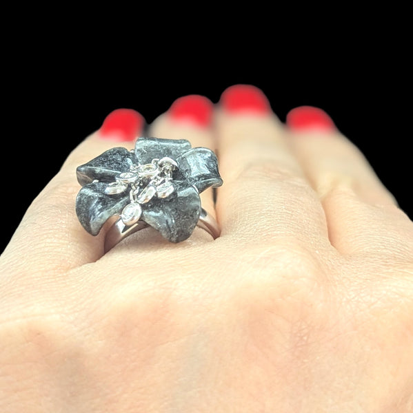 Articulated Diamond Dangle Drops Hardstone 14k White Gold Cocktail Flower Ring on hand