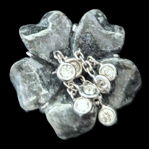 Articulated Diamond Dangle Drops Hardstone 14k White Gold Cocktail Flower Ring