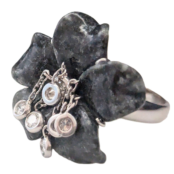 Articulated Diamond Dangle Drops Hardstone 14k White Gold Cocktail Flower Ring
