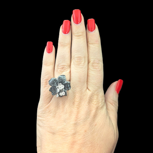Articulated Diamond Dangle Drops Hardstone 14k White Gold Cocktail Flower Ring on hand