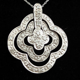 Articulated Diamonds 14k White Gold Quatrefoil Pendant on Chain Estate Lg. 1.25 Inch