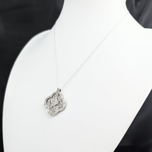 Articulated Diamonds 14k White Gold Quatrefoil Pendant on Chain Estate Lg. 1.25 Inch