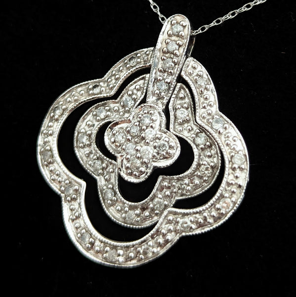 Articulated Diamonds 14k White Gold Quatrefoil Pendant on Chain Estate Lg. 1.25 Inch