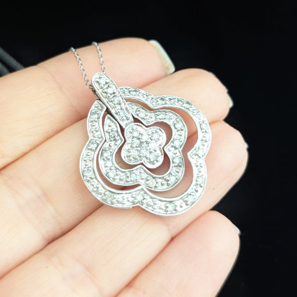 Articulated Diamonds 14k White Gold Quatrefoil Pendant on Chain Estate Lg. 1.25 Inch