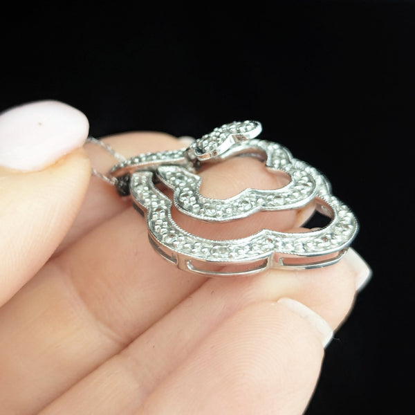 Articulated Diamonds 14k White Gold Quatrefoil Pendant on Chain Estate Lg. 1.25 Inch