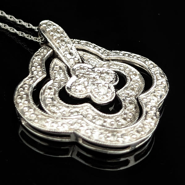 Articulated Diamonds 14k White Gold Quatrefoil Pendant on Chain Estate Lg. 1.25 Inch