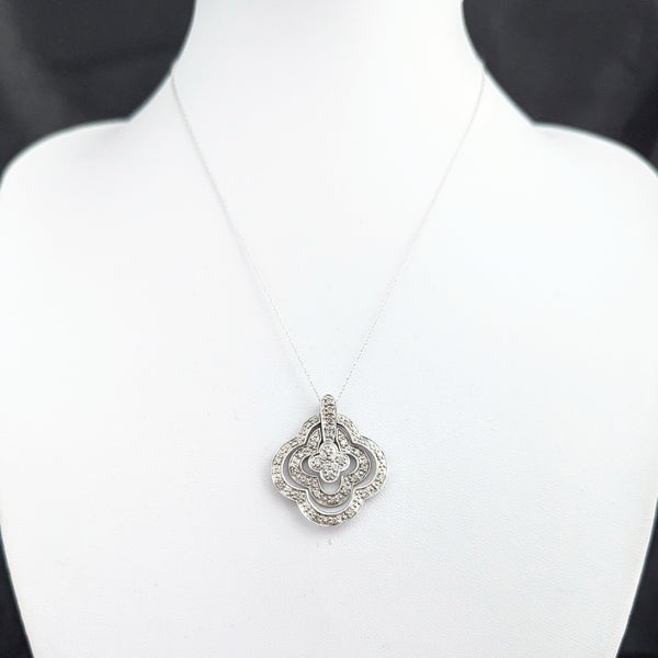 Articulated Diamonds 14k White Gold Quatrefoil Pendant on Chain Estate Lg. 1.25 Inch