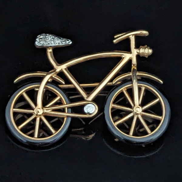 The Pittsboro - Vintage Articulated Diamond Onyx 14k Gold Bicycle Brooch with Spinning Wheels