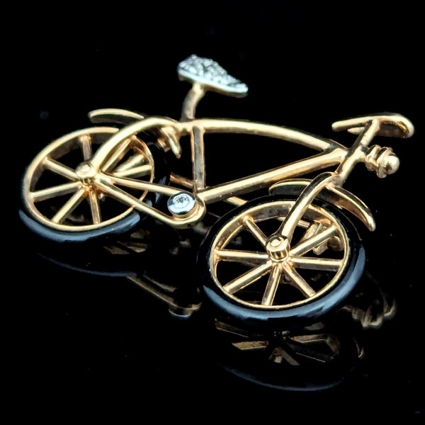 Articulated Bicycle Diamonds Onyx 14k Yellow Gold Spinning Wheels Brooch Vintage