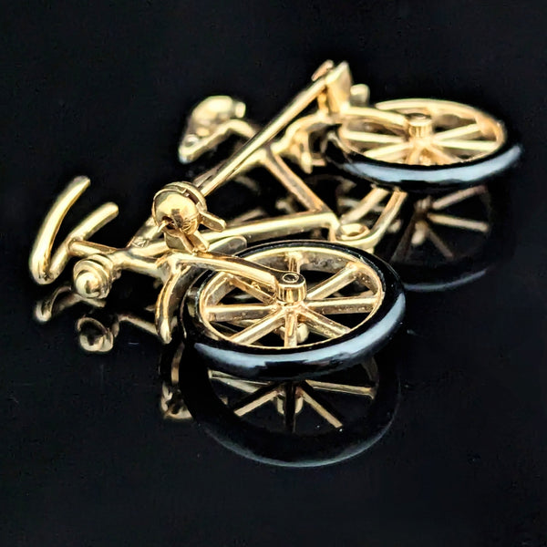 Articulated Bicycle Diamonds Onyx 14k Yellow Gold Spinning Wheels Brooch Vintage