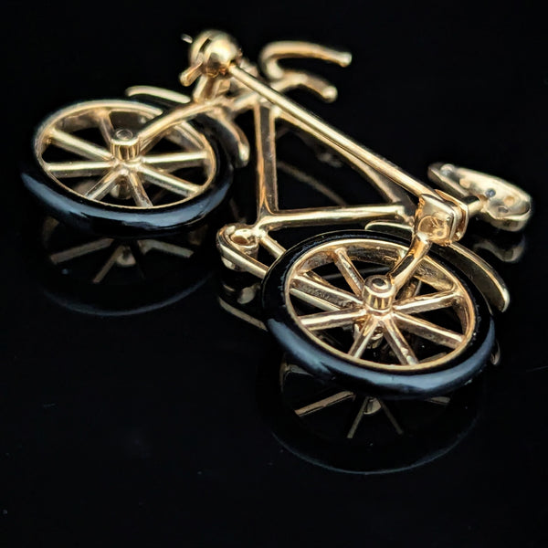Articulated Bicycle Diamonds Onyx 14k Yellow Gold Spinning Wheels Brooch Vintage