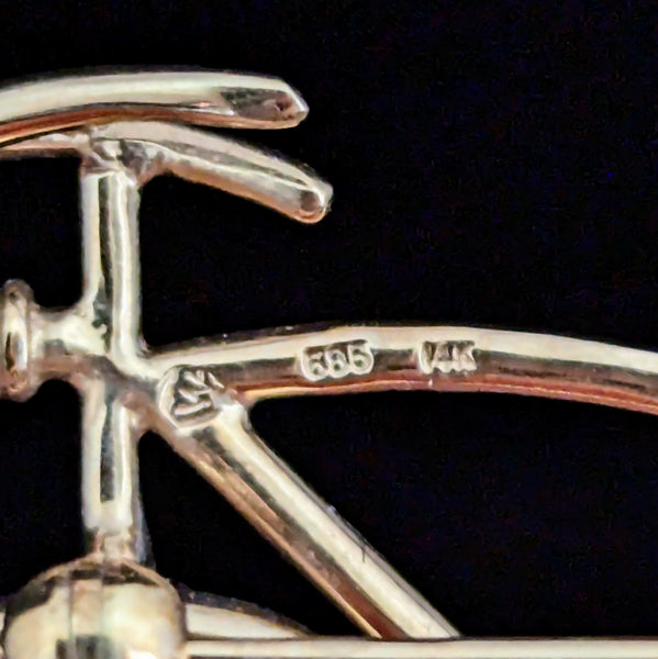 Articulated Bicycle Diamonds Onyx 14k Yellow Gold Spinning Wheels Brooch Vintage