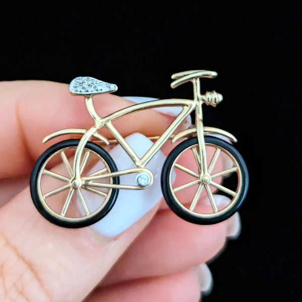 Articulated Bicycle Diamonds Onyx 14k Yellow Gold Spinning Wheels Brooch Vintage