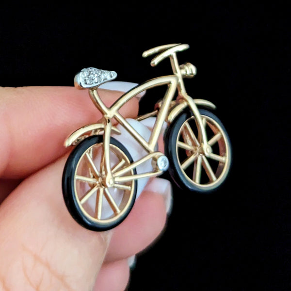 Articulated Bicycle Diamonds Onyx 14k Yellow Gold Spinning Wheels Brooch Vintage