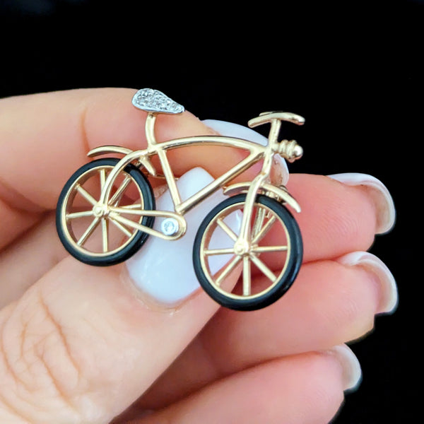 Articulated Bicycle Diamonds Onyx 14k Yellow Gold Spinning Wheels Brooch Vintage