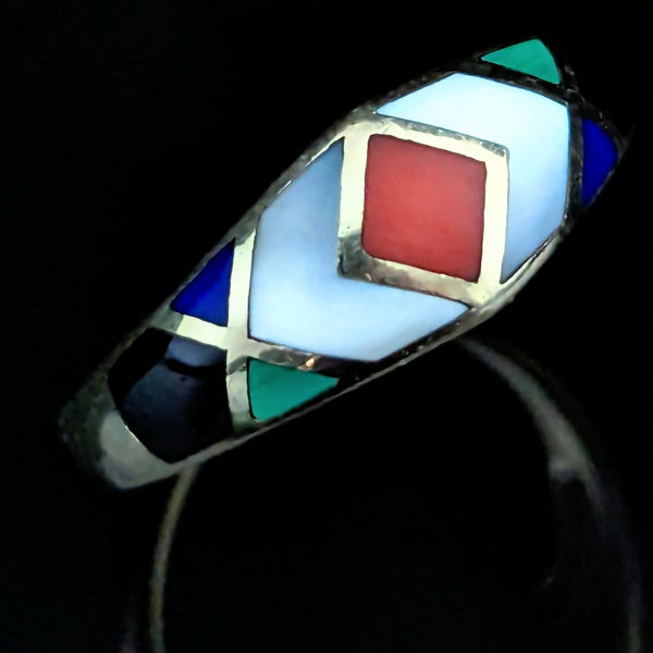 Asch Grossbardt Coral MOP Onyx Malachite Lapis Inlay 14k Gold Ring Band Vintage
