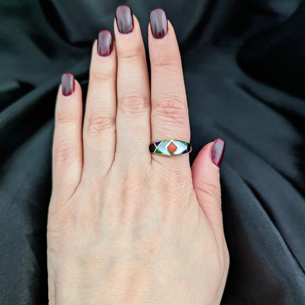 Asch Grossbardt Coral MOP Onyx Malachite Lapis Inlay 14k Gold Ring Band Vintage