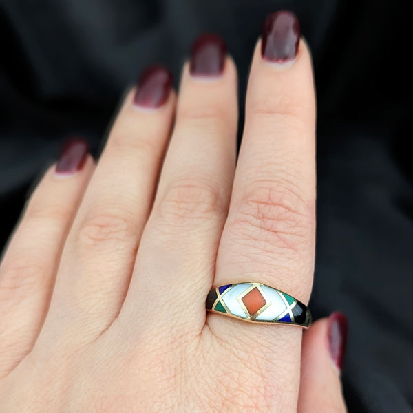 Asch Grossbardt Coral MOP Onyx Malachite Lapis Inlay 14k Gold Ring Band Vintage