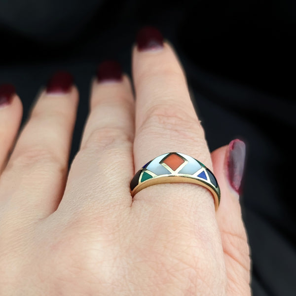 Asch Grossbardt Coral MOP Onyx Malachite Lapis Inlay 14k Gold Ring Band Vintage