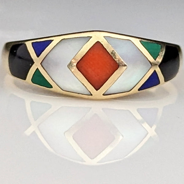 Asch Grossbardt Coral MOP Onyx Malachite Lapis Inlay 14k Gold Ring Band Vintage
