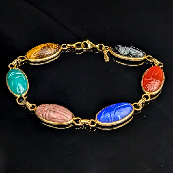 BOJAR 14k Yellow Gold Hardstone Scarab Bracelet Talisman Estate Carved Gemstones